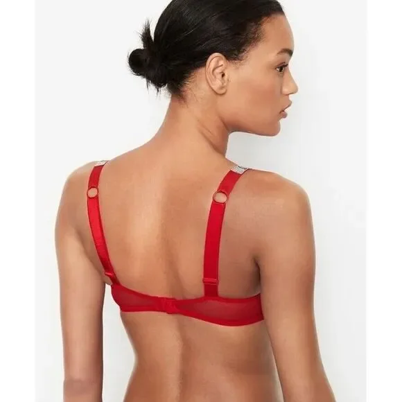 Victoria's Secret Bombshell Add-2-Cups Push-up Bra Red Lace Shine‎ Strap 38C NWT